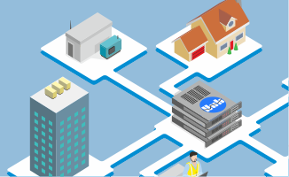 Isometric view of various buildings connecting to Commander Hub server.